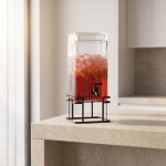 Стаклен диспензер за пијалоци со чешма 4Л – со метален држач