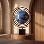Декоративен глобус во сина боја со златен прстен – дрвена основа